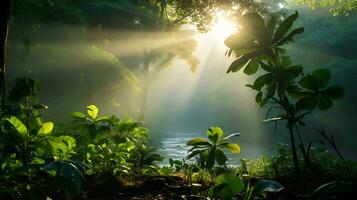 AI generated A bright morning in a tropical forest with sunlight shining through between the leaves, plants that thrive without air pollution photo