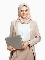 AI generated Career woman carrying laptop in her hand and wearing hijab, smiling expression and having white and clean teeth, studio photo, isolated white background photo