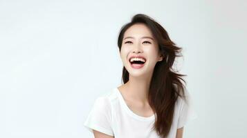 AI generated professional studio photo of beautiful young white Japanese female model with perfectly clean teeth with laughing expression, isolated white background