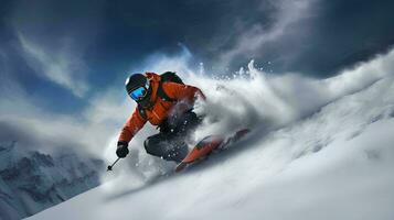 ai generado joven hombre esquiar en alto nieve montaña en invierno, corredizo abajo dando nieve chapoteo efecto foto