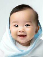 ai generado retrato de linda inclinado ojos japonés bebé chico modelo, con sonriente y riendo expresión, 2 mes antiguo bebé, estudio foto, aislado blanco fondo, para publicidad y web diseño foto