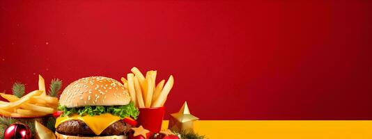 AI generated Christmas Day menu of burgers and fries on isolated background, festive Christmas and New Year theme, for posters and banners, banner mockup photo
