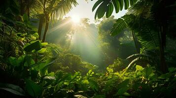 ai generado un brillante Mañana en un tropical bosque con luz de sol brillante mediante Entre el hojas, plantas ese prosperar sin aire contaminación foto