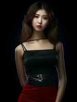 AI generated Beautiful Korean girl with bob hair, wearing a skimpy dress, red lips, toned stomach, Generative AI photo