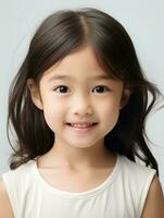 AI generated Portrait of cute and beautiful little japanese girl, smiling expression, isolated white background, AI Generative photo