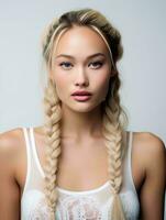 AI generated portrait of beautiful young woman with long braided blonde hair, isolated white background, AI Generative photo