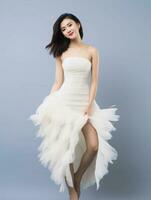 AI generated Beauty model portrait of young Asian woman with white and clean skin wearing a betta tail dress, beautiful smile expression, graceful pose, AI Generative photo