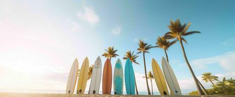 ai generado tabla de surf en el playa con azul cielo vista. generativo ai foto