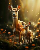 AI generated Deer and Fawn With a Blurry Forest Background. Generative AI photo