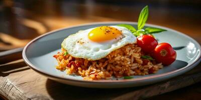 ai generado delicioso frito arroz con un soleado lado arriba huevo, servido en un blanco plato con un de madera mesa antecedentes. generativo ai foto