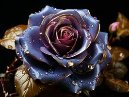 AI generated Purple and Gold Glass Rose Flower with Water Droplets on it Isolated on Black Background. Generative AI photo