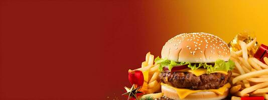 AI generated Christmas Day menu of burgers and fries on isolated background, festive Christmas and New Year theme, for posters and banners, banner mockup photo