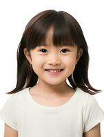 AI generated Portrait of cute and beautiful little japanese girl, smiling expression, isolated white background, AI Generative photo