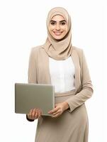 AI generated Career woman carrying laptop in her hand and wearing hijab, smiling expression and having white and clean teeth, studio photo, isolated white background photo