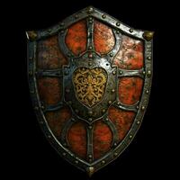 AI generated Rusty Medieval Shield with War Torn Effect Isolated on Black Background. Generative AI photo