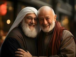 AI generated Portrait of Muslim Imam and Christian Priest Embracing Each Other. Generative Ai photo