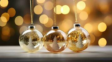 AI generated 3D rendering of glass Christmas bulbs with bokeh background, Christmas ornaments on Christmas tree with gold and white lights photo