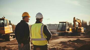 AI generated Male inspector Talking with Development Manager at Project Construction Site, with excavator in background photo