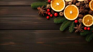 AI generated Traditional Christmas warm drink, ripe berries, with slices of orange, spices and cinnamon, top view, flat space, copy space photo