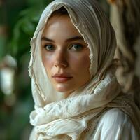 AI generated Portrait of a beautiful and exotic young muslim woman with white hijab. Generative Ai photo