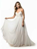 AI generated Portrait of a wedding dress model, beautiful pure white female model, as a photo of a tasseled dress model, beautiful smiling expression, graceful pose
