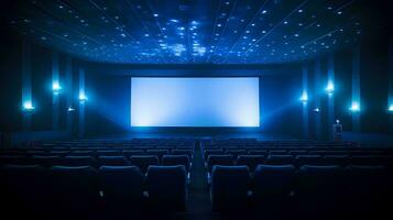 AI generated Empty cinema blue lights with empty white screen photo