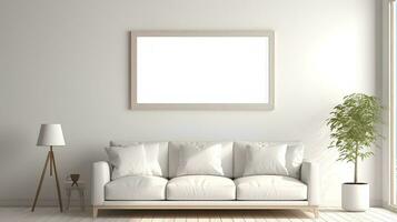 AI generated Mockup frame in a simple, comfortable family room interior, 3D rendering, the effect of sunlight through the windows shining on the white wall photo