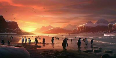 AI generated Penguin Colony on the Beach with Beautiful Sunset View. Generative AI photo