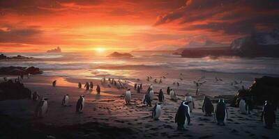 AI generated Penguin Colony on the Beach with Beautiful Sunset View. Generative AI photo