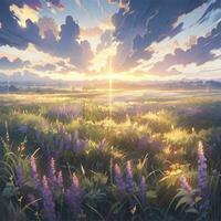 AI generated Beautiful Lavender Field with Sunset Landscape. Generative AI photo