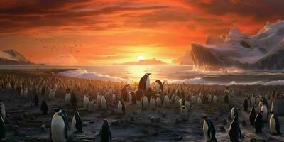 AI generated Penguin Colony on the Beach with Beautiful Sunset View. Generative AI photo
