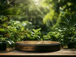 AI generated Wooden Product Display Podium with Nature Background. Natural Product Placement Pedestal Stand. Generative AI photo