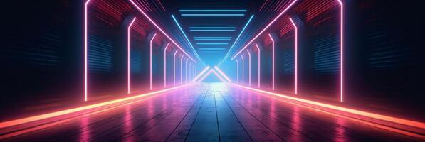 AI generated Modern Dark Room with Glowing Neon Lines with Retro 80s Style. Futuristic Interior with Laser Effect. Generative AI photo