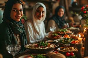 ai generado árabe musulmán mujer reunir juntos durante Ramadán con delicioso platos en el mesa. iftar cena. generativo ai foto