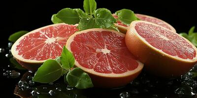 AI generated Sliced Fresh Grapefruits with Water Droplets. Pomelo Fruits. Generative AI photo