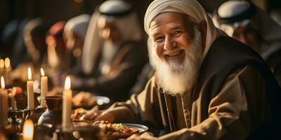 ai generado un grupo de mayor musulmán familia y amigos reunión durante Ramadán con delicioso platos en el mesa. iftar cena. generativo ai foto