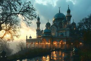 AI generated A Magnificent Mosque with a Beautiful Sky View at Sunset. Generative AI photo