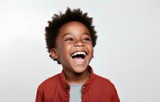 AI generated portrait of cute african boy model with perfect clean teeth laughing and smiling, studio photo, isolated white background photo