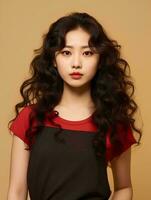 AI generated Beautiful young Asian woman wearing tank top with long curly hair, Korean style makeup and perfect skin on an isolated background, AI Generative photo