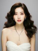 AI generated Portrait of beautiful young Korean woman with long black wavy hair, wearing white dress, diamond necklace, isolated white background, AI Generative photo