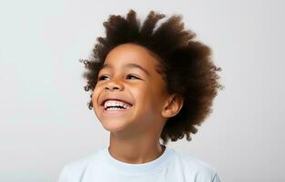 AI generated portrait of cute african boy model with perfect clean teeth laughing and smiling, studio photo, isolated white background photo
