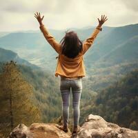 ai generado contento joven mujer con brazos elevado a el parte superior de el montaña, exitoso trepador celebrando éxito a el parte superior de el montaña foto