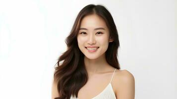 ai generado profesional estudio foto de hermosa joven blanco japonés hembra modelo con Perfecto limpiar dientes con sonriente expresión, aislado blanco antecedentes