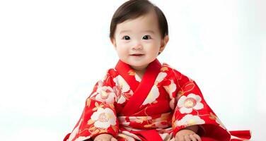 ai generado retrato de japonés bebé niña modelo vistiendo linda kimono, 8 mes antiguo bebé, estudio foto, aislado blanco fondo, para publicidad y web diseño foto