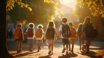 AI generated A group of young children walk together in front of the classroom, united in friendship, embodying the concept of back to school on the first day of school in the fall photo