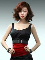 AI generated Beautiful Korean girl with bob hair, wearing a skimpy dress, red lips, toned stomach, Generative AI photo