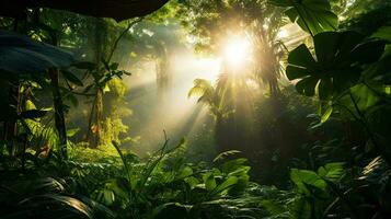 ai generado un brillante Mañana en un tropical bosque con luz de sol brillante mediante Entre el hojas, plantas ese prosperar sin aire contaminación foto