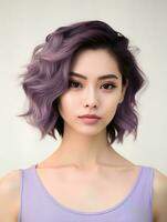 ai generado retrato de hermosa joven japonés mujer con corto ondulado púrpura pelo en aislado blanco fondo, ai generativo foto