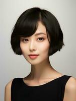 ai generado retrato de hermosa japonés mujer con corto Beto Corte de pelo, aislado blanco fondo, ai generativo foto