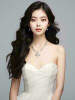 AI generated Portrait of beautiful young Korean woman with long black wavy hair, wearing white dress, diamond necklace, isolated white background, AI Generative photo